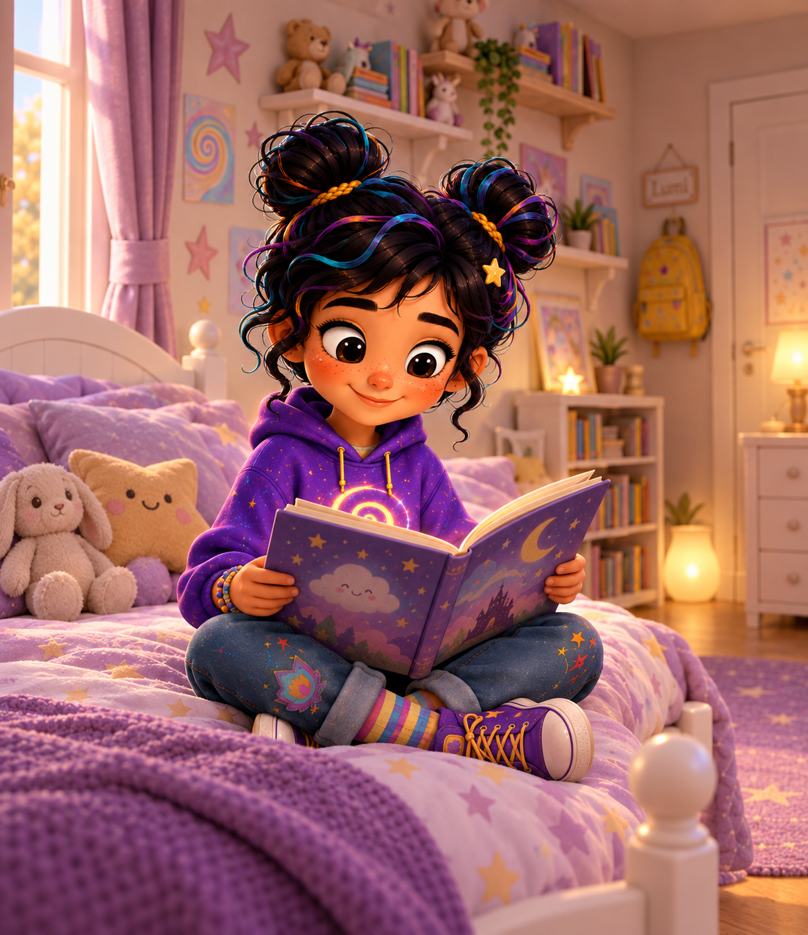 Lumi lendo um livro em seu quarto